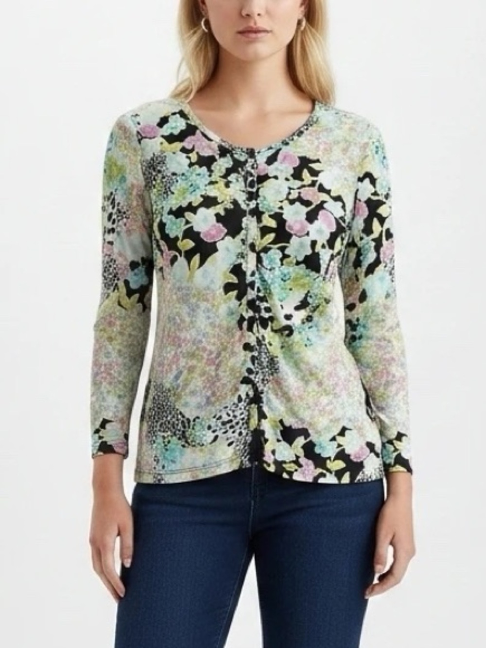 Rafael Vintage Micro Mesh Floral Button Front Top